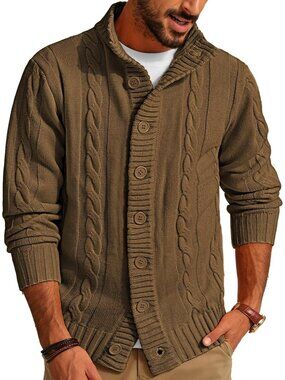 🆕Men's Brown Cable Knit Cardigan Sweater Button Down Stand Collar Jacket